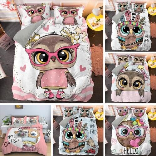 Cartoon Pink Owl Bedding Set Girl Twin King Size Animal Printed Comforter Duvet Cover Set Home Kids Single Bed 2/3pcs Bedclothes