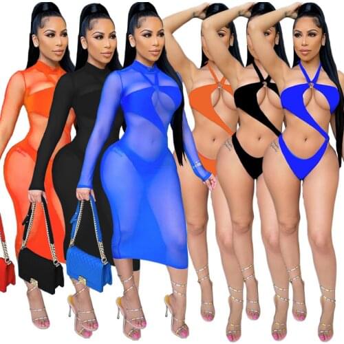 2021 New Sexy Bikini Solid Color Sexy Mesh See-Through Suit Nightclub Two-Piece Swimsuit