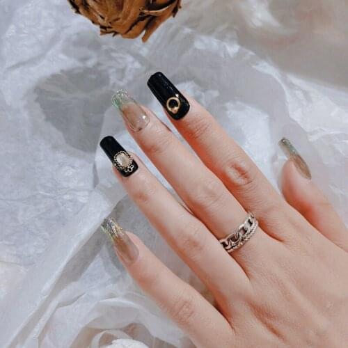 24pcs Black Nail Patch Square Head Glue Type Removable Long Paragraph Fashion Manicure Save Time False Nail Patch SANA889