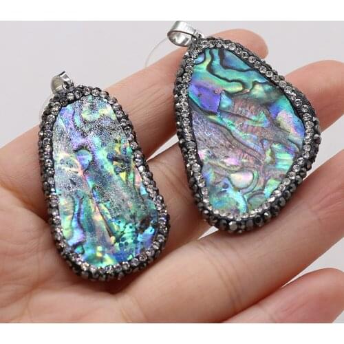 Natural Abalone Shell Pendant Charms Diamon-Studded Irregural Pendant for Making Women Men DIY Jewelry Necklace 25x35-30x40mm