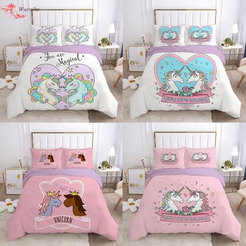 Fairy Tale Unicorn Pink Purple Bedding Sets Twin Double Queen King Size Bed Set Cartoon Horse Quilts Duvets Cover for Kids Girls