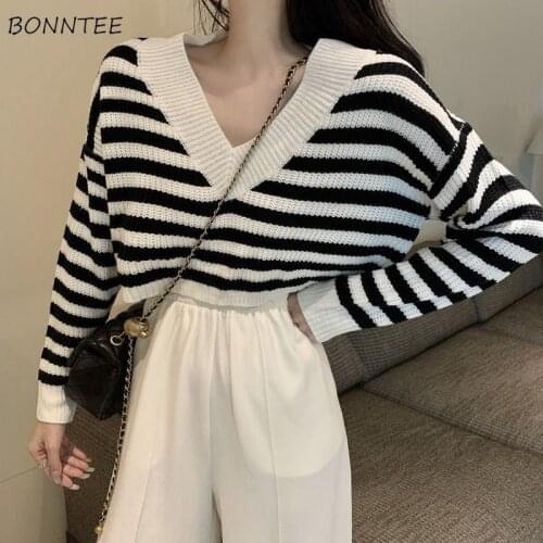 Sweater Women Cropped Teenager Simple Stylish BF Style Trendy Knitting Pullover Female Clothes Ins Design V-Neck Vintage College