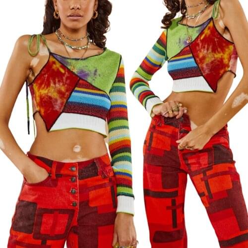 Womens Summer Tops Patchwork Stitch Crop Tops Sexy Irregular Long Sleeve Color Block Tie Up Knit T-Shirts