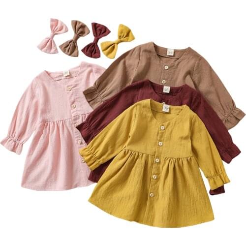 FOCUSNORM 4 Colors Lovely Baby Girls Dress Headband 0-4Y Solid Long Flare Sleeve Single Breasted A-Line Dress