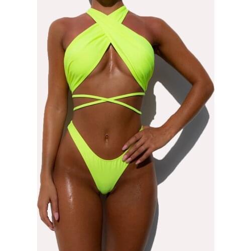 2021 Sexy Bandage Neon Bikini Halter Cross Push Up Swimwear Two Piece Thong Biquinis Crop Top Swimsuit Woman Monokini Beachwear