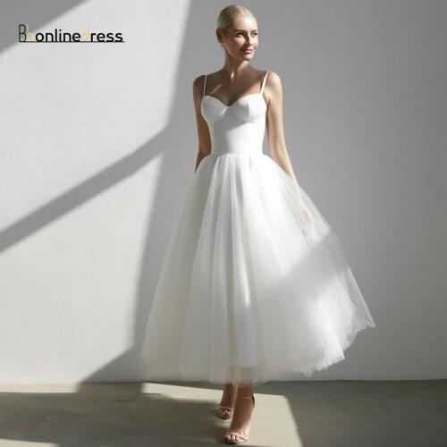 White Tulle Puffy Evening Dress Spaghetti Strap Sweetheart Tea Length vestido de festa Prom Party Wear Dress robe de soiree