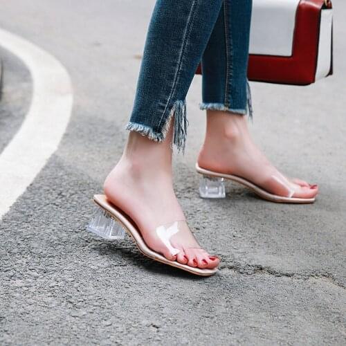 Fashion Sexy Women Sandals Shoes Celebrity Wearing Simple Style PVC Clear Strappy Buckle High Heels Zapatillas Mujer Sandalias