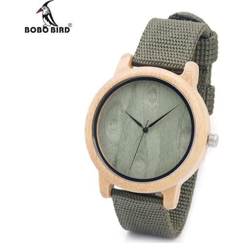 BOBO BIRD V-D12 Mens Bamboo Wooden Watches Green Wood Dial Bamboo Case Quartz Wristwatch with Nylon Strap in Gift Box