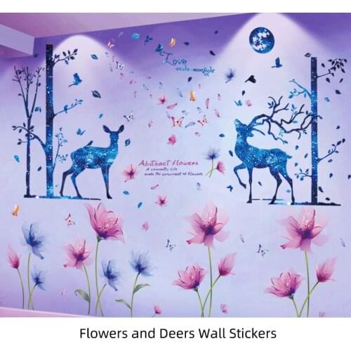 [SHIJUEHEZI] Flowers Plants Wall Stickers DIY Deers Trees Wall Decals for Living Room Kids Bedroom Kitchen Home Decoration