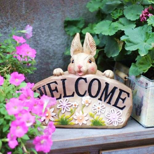 RABBIT WELCOME PLATE DECORATION ANIMAL BUNNY STATUE COURTYARD BALCONY SCULPTURE RESIN CRAFTS SHOPS GARDEN DECORATION R4649