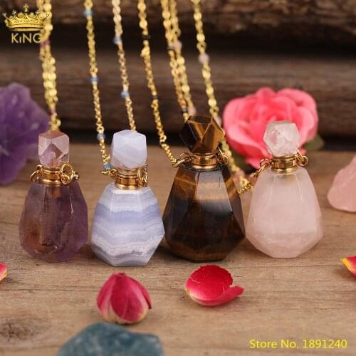 Natural Purple Agates White Roses Quartz Stone Perfume Oil Bottle Pendant Necklace For Women Stone Beaded Gold Chains Necklace