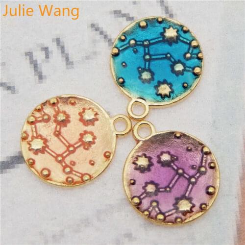 Julie Wang 12pcs Round Enamel Constellation Charms Alloy Gold Tone Pendant Necklace Bracelet Jewelry Making Accessory