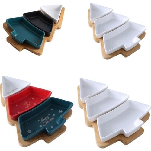 Ceramic Bamboo Wood Christmas Tree Partition Plate Snacks/Nuts/Desserts Platter Fruit Bowl Breakfast Dish Home Decoration 1set