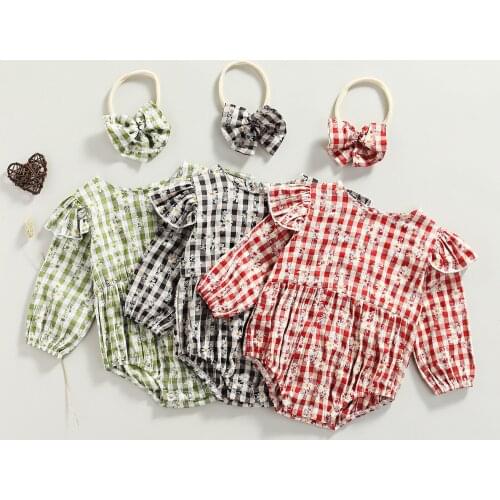 0-24 M Toddler Baby Girl Clothes Long Sleeve Daisy Plaid Print Ruffle Romper + Bow Headband Spring Autumn Clothing