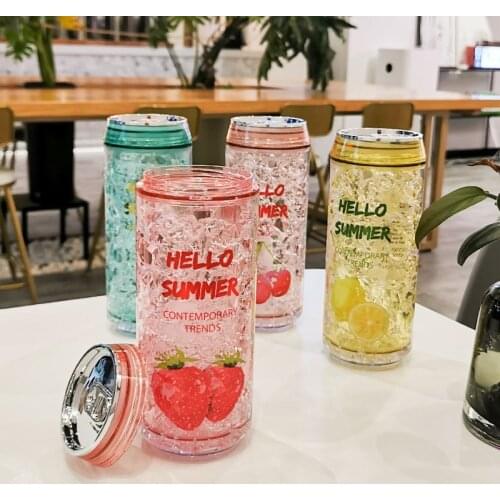 Summer Cold Drink Cup Plastic Water Bottle Creative Fashionable Double-Layer Straw Cup Outdoor Sports Camping Liquid Container