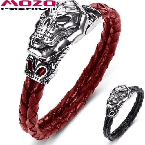 MOZO FASHION 2021 Men Jewelry Genuine Leather Stainless Steel Punk Masked Demon Charm Exaggeration Women Popular Bracelets 532