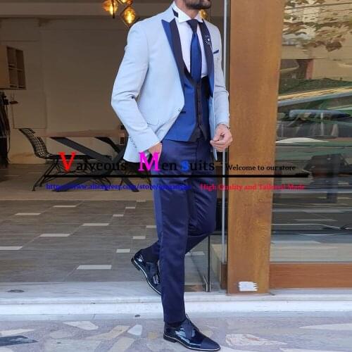 2021 Light Blue Men Suit 3 Piece Groom Wedding Tuxedo Slim Fit Blazer Suit Jacket Royal Blue Vest Pants Set Best Man Prom Dress