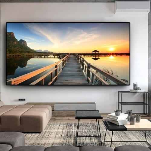 Sunsets Bridge Wooden Lake Landscape Posters and Prints Wall Art Painting Wall Art for Living Room Home Decor (No Frame)
