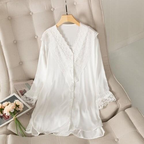 V-Neck Nightgown Summer Lady Sleepdress Satin Lace Kimono Dressing Gown Sleepwear Long Sleeve Nightwear Comfy Intimate Lingerie