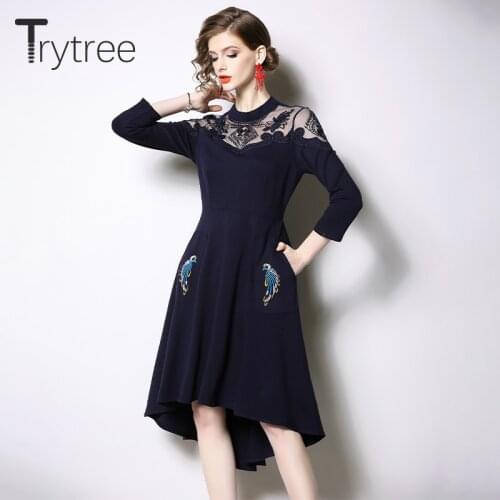Trytree Autumn Winter Women Casual Dress O-neck Embroidery Pockets Fashion Elegant A-Line Knee-Length Office Lady Blue dress