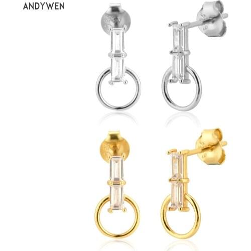 ANDYWEN 925 Sterling Silver Gold Circle Zircon CZ Stud Earring Simple Tiny Crystal Luxury Fashion Jewelry For Wedding Gift
