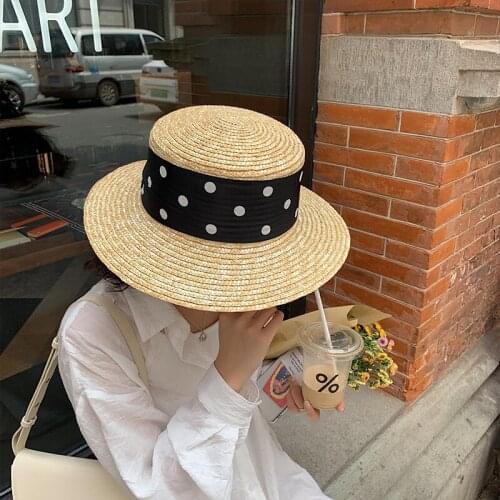 New Sun Straw Hats Natural Wheat Boater Top Hat Women Summer Beach Dot Ribbon Flat Brim Cap Ribbon for Holiday Sombreros Gorro