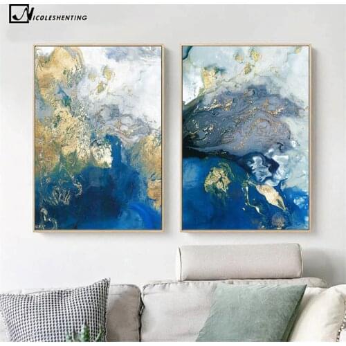 Blue Golden Modern Abstract Ocean Wall Poster Nordic Canvas Print Painting Contemporary Art Decoration Picture Living Room Decor