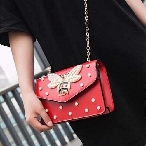 Women Brand Desinger Rhinestones Bee PU Leather Shoulder Bag Small Crossbody Bag with Chain For Girls Ladies Bag Bolso Mujer 219