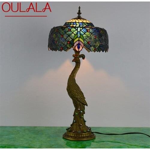 OULALA Tiffany Table Lamp Peacock Contemporary Retro Creative Decoration LED Light For Home