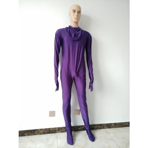 Dark purple Zentai Suit Unitard Spandex full Bodysuits Catsuit Wear Skin Tights mens with penis sheaths 8 mask can choose