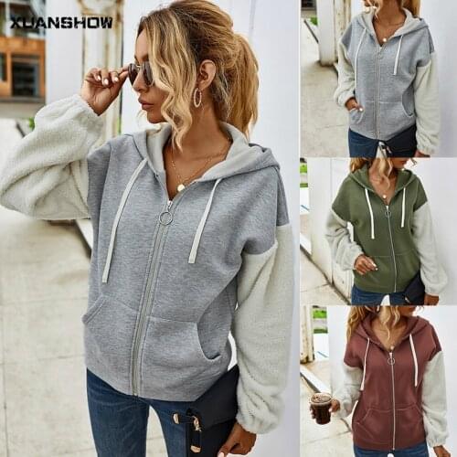 XUANSHOW 2020 Hoodie Women Winter Keep Warm Hoodies 2020 Thick Zipper Cardigan Spliced Sleeves Drop Shoulders Pocket Jacket Coat