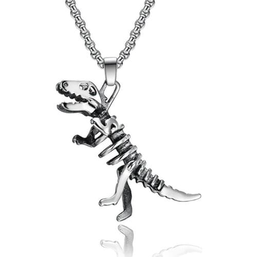 Stainless Steel Vintage Dragon Pendant Necklace Punk Rock Men Tyrannosaurus Rex Skeleton Necklaces Gift For Him with Chain