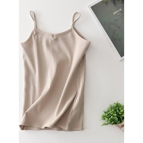 Summer Women Cotton Khaki Camisole Short V-neck Home Wear Spaghetti Strap Top Large Size Girls Tanks Knitted Striped Ladies Cami