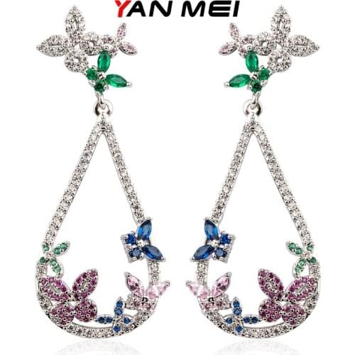 YAN MEI Butterfly Earrings Silver Plated Bijoux Female Cubic Zirconia Long Waterdrop Stud Earrings Womens Accessories GLE6067