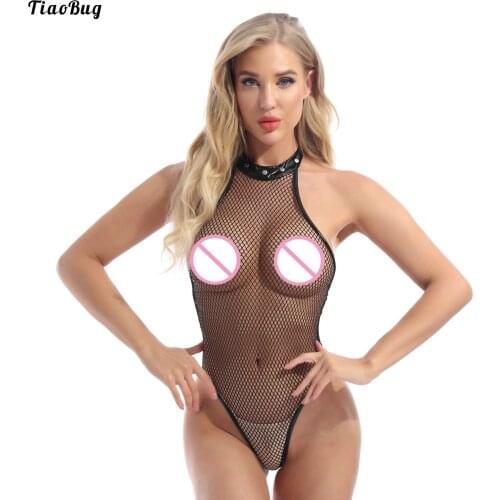 TiaoBug Women Hollow Out Fishnet Bodysuit See-Through Mesh High Cut Leotard Halter Sleeveless Backless Catsuit Jumpsuit