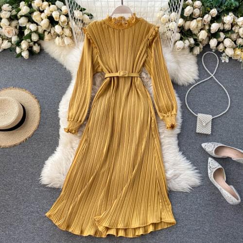 2021 Autumn Women Flare Sleeve Stand Collar Pleated Chiffon Ruffle Dress With Belt Lady Elastic Slim Waist Party Chic Midi Dress