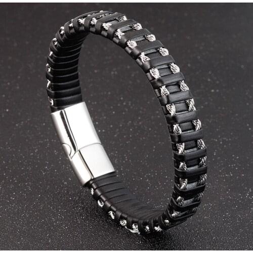 Bracelet Men Leather Titanium Steel Bangles Magnetic-clasp Cowhide Braided Trendy Bracelets For Male Armband Pulsera Hombre