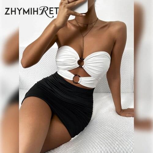 ZHYMIHRET Black And White Patchwork Hollow Out Summer Dress 2021 Strapless Ruched Sexy Bodycon Dress Female Party Night Vestidos