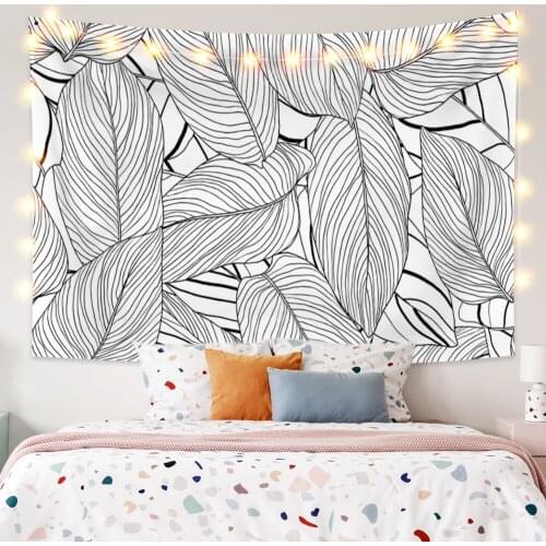 Black and White Tropical Plant Tapestry Palm Leaves Wall Hanging Background Dorm Bedroom Boho Style Decoration Picnic Beach Mat