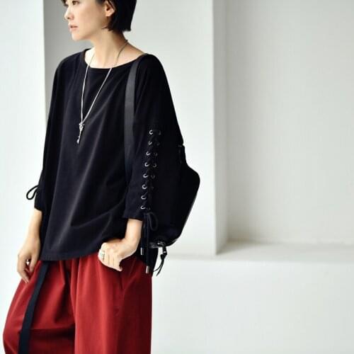 MICOCO T6387C Leisure personality pull rope lace-up loose Round collar Three Quarter Batwing Sleeve T-shirt