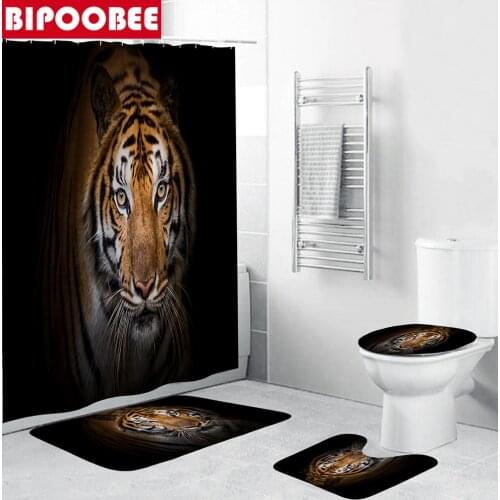 Tiger Printed Pattern Shower Curtain King of The Forest Bath Mat Rug Toilet Cover for Bathroom Decor Bathtub Curtains with Hooks