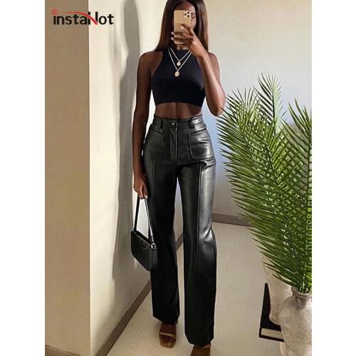 InstaHot Women Faux Leather Pant Pockets Straight Pant Trousers Autumn Elegant High Waist Office Lady Slim Vintage Leisure Pants