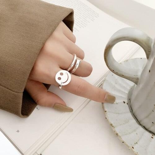 Delicate Round Disc Smiling Face Open Ring 925 Sterling Silver Simple Geometric Finger Ring For Women