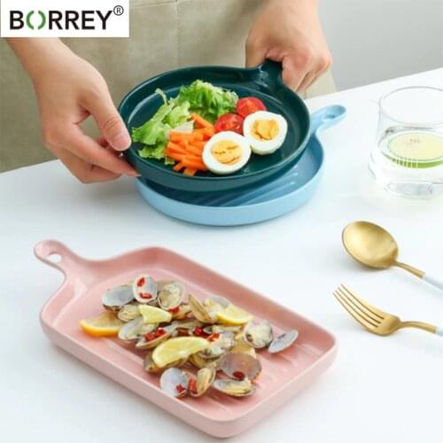 BORREY Ceramic Baking Dish Plate Pasta Lasagna Pan With Single Rectangle Handle Fruit Salad Dinner Plate Nordic Baking Dish Tray