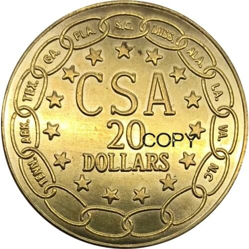 United States 1861 Confederate States of America CSA $20 Dollars Brass Metal Gold Coin Copy Coins Edeg Plain