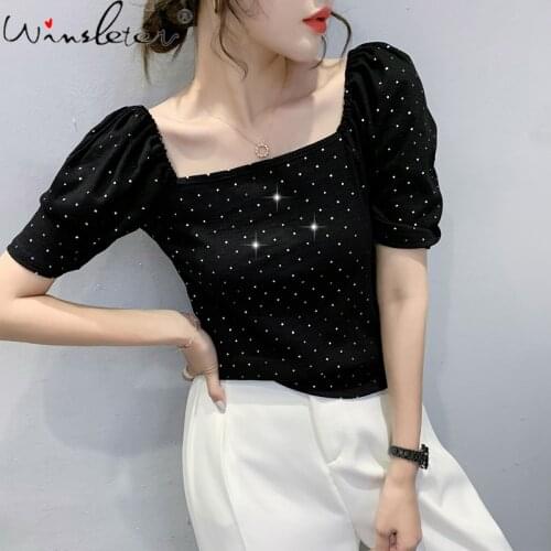 Summer Korean Clothes T-Shirt Girl Fashion Sexy Skew Collar Shiny Diamonds Women Tops Puff Sleeve Casual Tees New 2021 T14211A