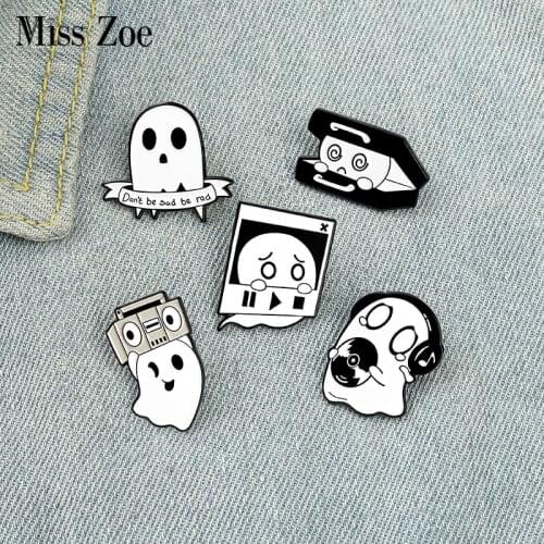 Cute Boo Enamel Pins Custom Ghost Music Box Brooch Lapel Badge Bag Cartoon Funny Jewelry Gift for Kids Friends