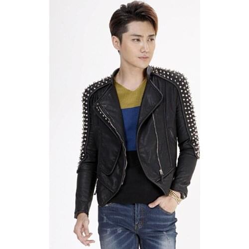 Pu Faux Leather Rivet masculina Motorcycle Biker Slim Fit Jacket Autumn winter windbreak MAN Short Coat