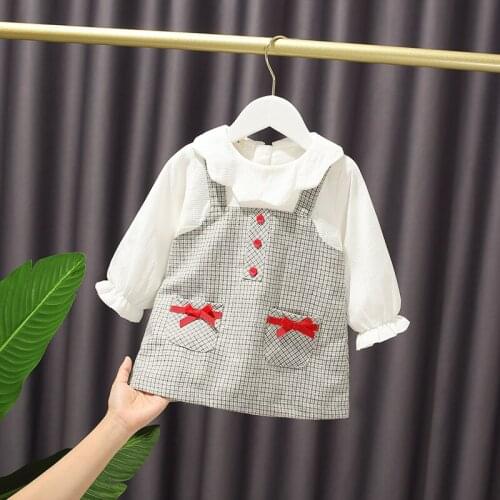 Baby girl outfit Foreign style lattice splicing Kids Bowtie Costumes 1st birthday party dress Children Outfits Clothing