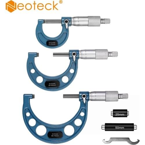 Neoteck 0-3"/0-75mm Premium Outside Micrometer Machinist Tool Set Round Frame 0.0001"/0.01mm Precision Vernier Scale Micrometer